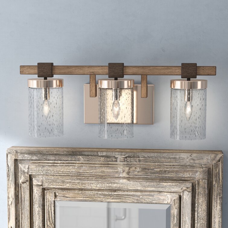 Brushed nickel and wood deals vanity light